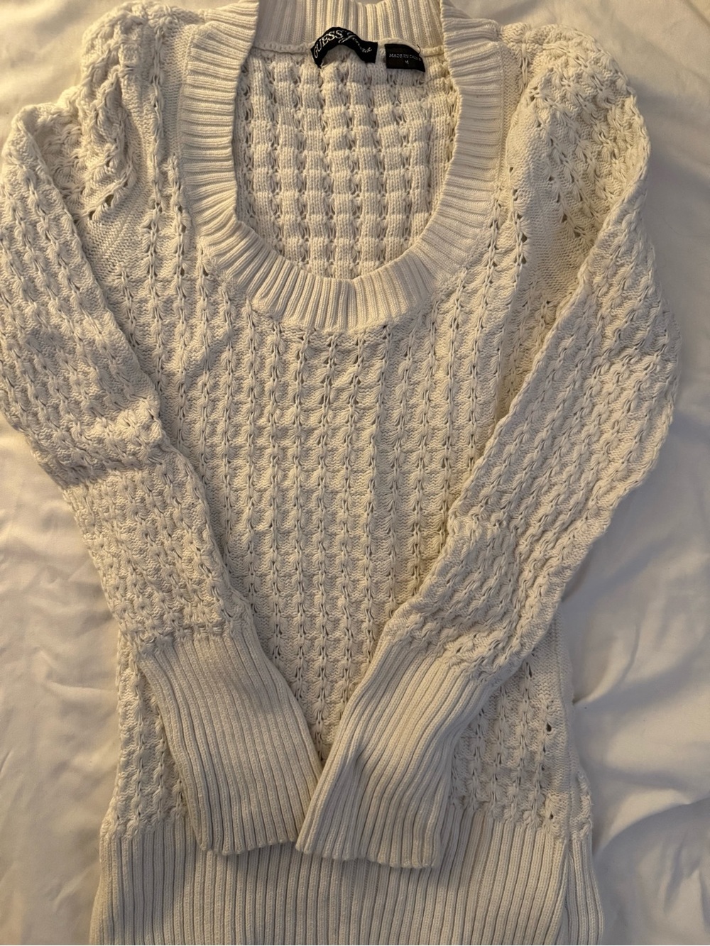 Guess White Cable Knit Long Sleeve Sweater